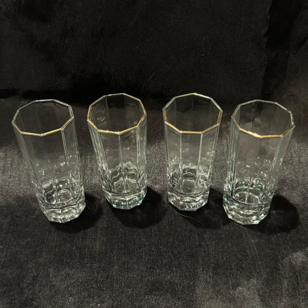 Vintage Octagonal Paneled Double Shot Glasses Set of 4 Gold Rim Heavy Base Bar